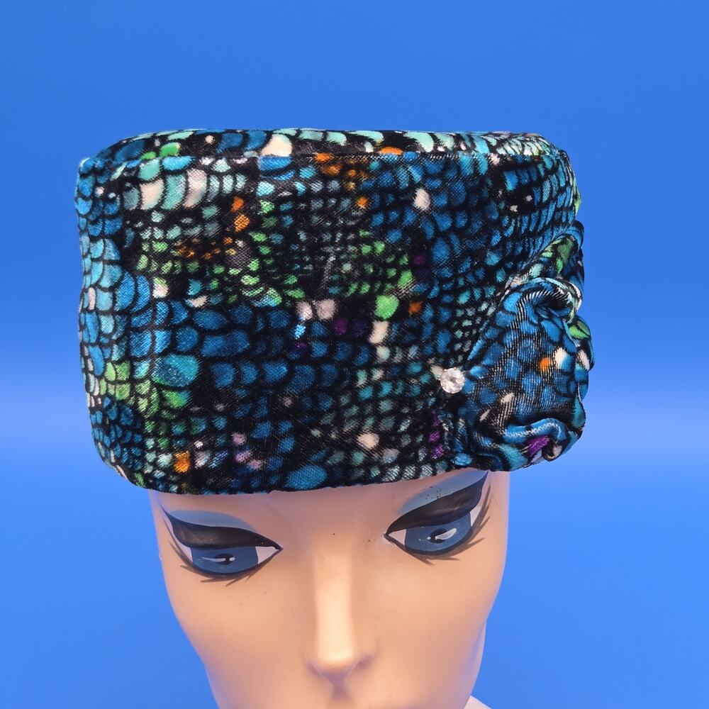Vintage Multicolor Velvet Pillbox Hat Turban Rhinestone Hat Pin Womens